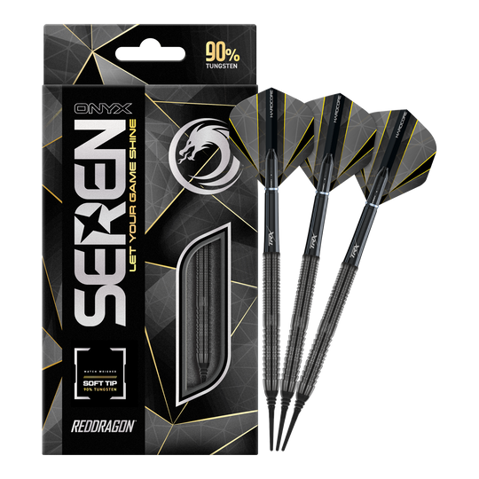 Auf dem Bild sind die Red Dragon Seren 1 Onyx Softdarts mit 20g Gewicht zu sehen. Die Verpackung hebt hervor, dass die Darts zu 90% aus Wolfram bestehen.