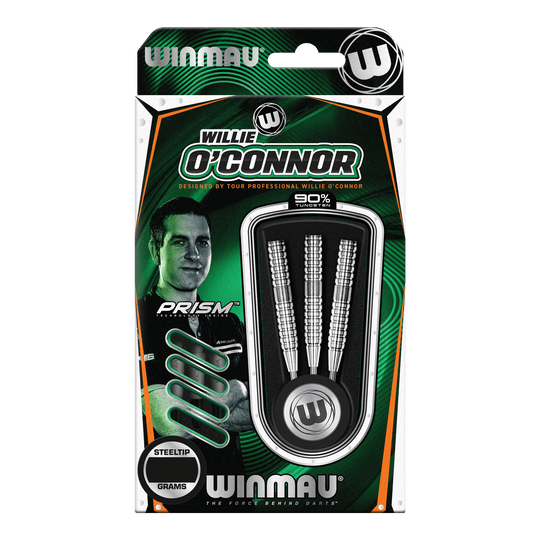 Šipky Winmau Willie O'Connor ocelové - 23g Die Verpackung zeigt die Winmau Willie O’Connor Steeldarts mit einem Gewicht von 23 Gramm. Im Inneren sind drei silberne Steeldarts zu sehen.