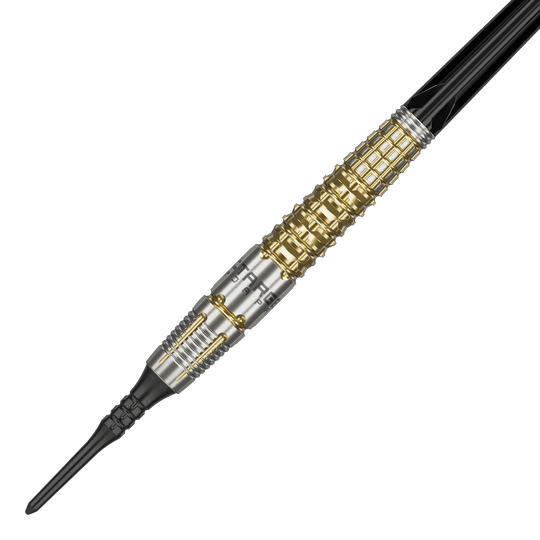 Měkké šipky Target Japan Black Marque Warrior - 18,5 g Das Bild zeigt einen Softdart namens "Target Japan Black Marque Warrior" mit einem Gewicht von 18,5g. Der Dart hat ein auffälliges Design mit goldenen und silbernen Elementen sowie einer schwarzen Spitze.