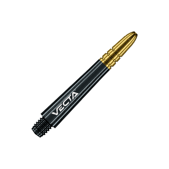 7025-409_Winmau_Vecta_Shafts_Schwarz_Gold_37mm_2 Das Bild zeigt einen schwarzen und goldenen Dartshaft mit der Aufschrift "VECTA". Der Schaft hat ein modernes, glänzendes Design und ist 37 mm lang.