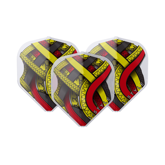 Das Bild zeigt drei Dart-Flights des Modells "L-Style Mike De Decker Type A Clear White L1EZ". Die Flights sind klar weiß mit einem auffälligen gelb-schwarz-roten Design.