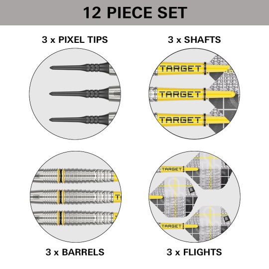 Měkké šipky Target Scott Williams GEN2 - 18g Das Bild zeigt ein 12-teiliges Softdart-Set mit dem Namen "Target Scott Williams GEN2 Softdarts - 18g". Es enthält 3 Pixelspitzen, 3 Schäfte, 3 Barrels und 3 Flights.