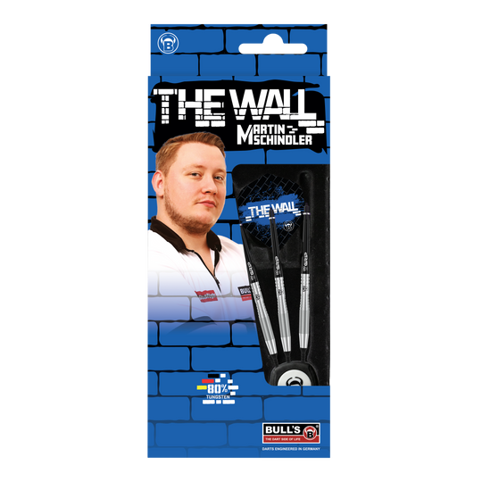 Die Abbildung zeigt die Produktverpackung der "Bulls Martin Schindler TW80 Softdarts - 18g". Auf der Verpackung ist ein Bild von Martin Schindler sowie drei Softdarts und das Logo von BULL'S zu sehen.