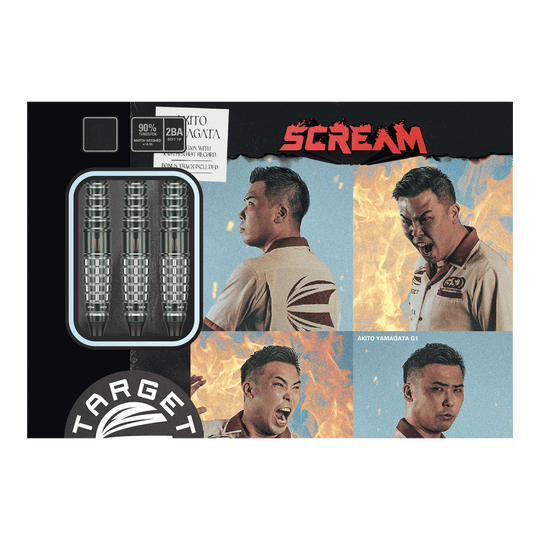 Měkké šipky Target Japan Akito Yamagata Scream GEN1 - 19g Das Bild zeigt die Verpackung der Target Japan Akito Yamagata Scream GEN1 Softdarts - 19g. Auf der Verpackung sind drei Darts sowie vier ausdrucksstarke Porträtfotos einer Person zu sehen.