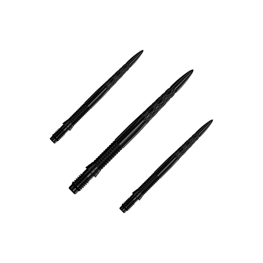 Špičky na šipky Mission R2.5 Rapid Point DSX - černé Das Bild zeigt ein Set von schwarzen Dartspitzen, 30 mm lang. Die Dartspitzen sind zusammen gruppiert dargestellt.