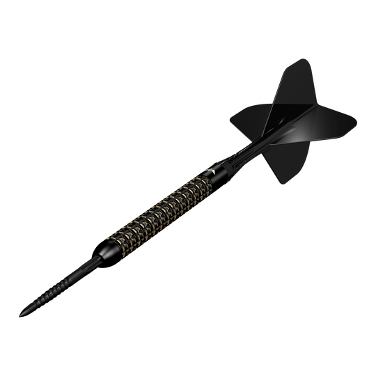 Auf dem Bild sind die Mission Mike De Decker World Grand Prix Limited Edition Black Gold Steeldarts mit 24g. Das edle Schwarz-Gold-Design macht sie zu einem echten Hingucker.