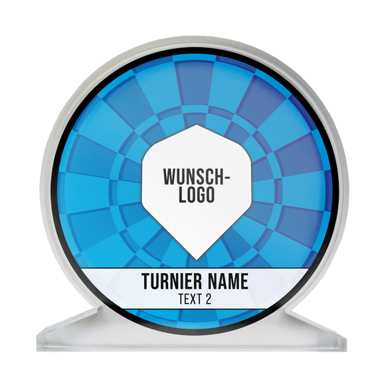 ACP-Blau_Acrylglas_Pokal_mit_Wunschdruck_Logo_Blau_1 Dies ist ein runder Pokal aus Acrylglas mit einem blauen Muster. In der Mitte steht "Wunsch-Logo" und darunter "Turnier Name" und "Text 2".