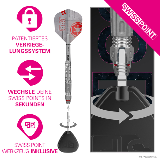 Ocelové šipky Target Star Wars AT-AT Swiss Point Hier sind die Target Star Wars AT-AT Swiss Point Steeldarts abgebildet. Die Darts haben ein einzigartiges Design aus dem Star Wars Universum.