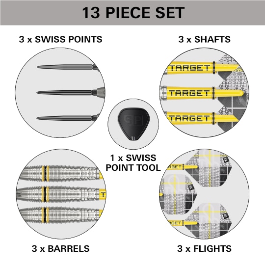Ocelové šipky Target Scott Williams GEN2 Swiss Point Dieses Bild zeigt das 13-teilige Target Scott Williams GEN2 Swiss Point Steeldarts Set. Es enthält 3 Swiss Points, 3 Shafts, 3 Barrels, 3 Flights und 1 Swiss Point Tool.