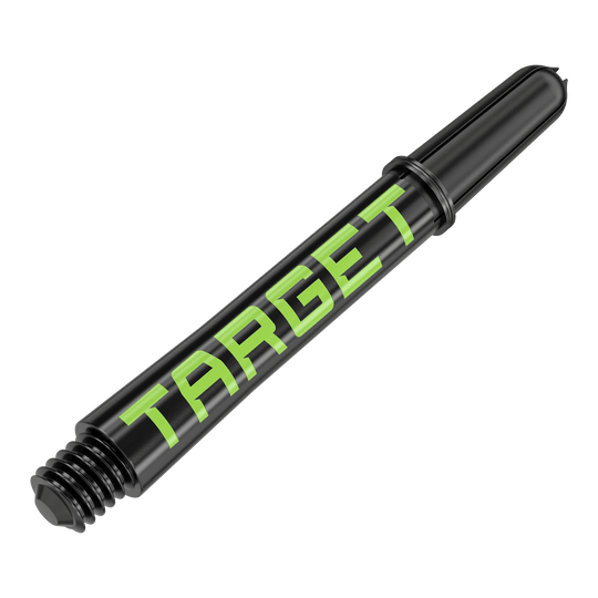 Target Pro Grip TAG Shafts - 3 sady - černo-zelené Das Bild zeigt einen schwarzen Dart-Schaft mit grünem Schriftzug „TARGET“. Der Schaft hat ein Schraubgewinde an einem Ende.