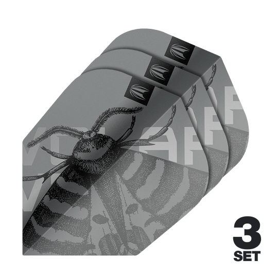 Das Bild zeigt drei Sets der Target Pro Ultra Volar No6 Flights. Die Flights sind grau mit einem detaillierten Insektenmotiv gestaltet.