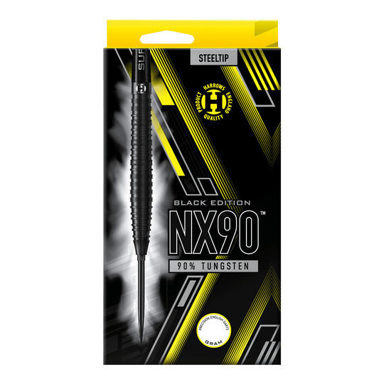 Die Abbildung zeigt die Harrows NX90 Black Edition Tapered Quick Point Steeldarts. Sie haben eine elegante, konische Silhouette und sind komplett schwarz.