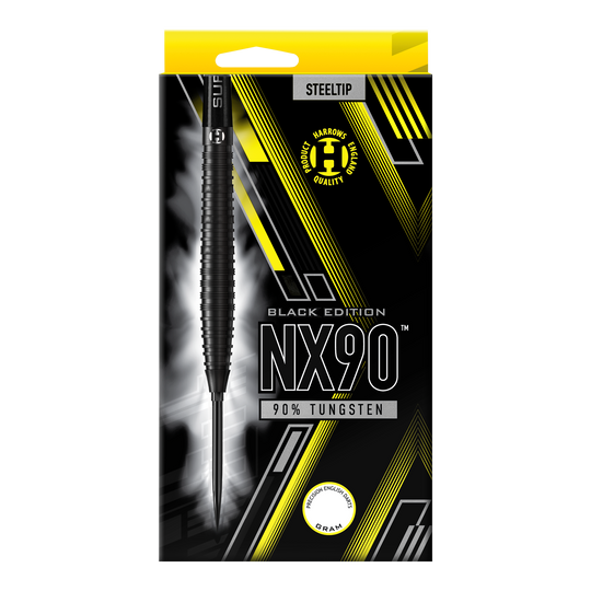 Harrows NX90 Black Edition Tapered Quick Point ocelové šipky Die Abbildung zeigt die Harrows NX90 Black Edition Tapered Quick Point Steeldarts. Sie haben eine elegante, konische Silhouette und sind komplett schwarz.