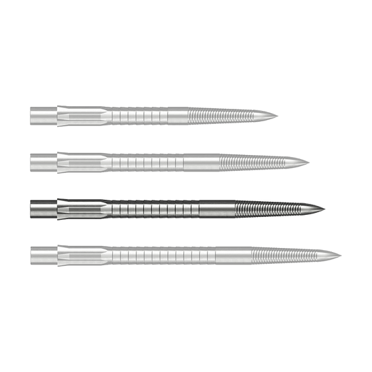 Ocelové hroty na šipky Caliburn System - Micro Grip - stříbrné Das Bild zeigt Steeldartspitzen mit Micro Grip im Silber-Design, 36mm lang. Das Produkt ist auf weißem Hintergrund zu sehen.