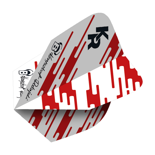 Dieses Bild zeigt die Bulls X-Powerflite Krzysztof Ratajski No2 Standard Flights. Die Flights haben ein graues und rotes Design mit auffälligen Mustern und der Aufschrift „KR“.
