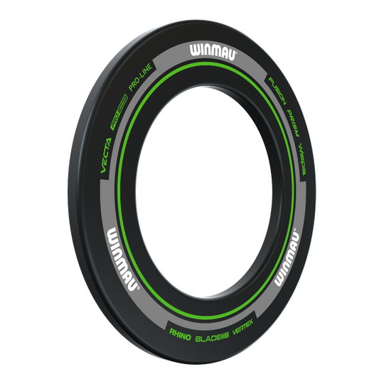Dies ist ein schwarzer und grüner Dartboard-Surround der Marke Winmau. Der Ring ist rund und schützt die Wand rund um die Dartscheibe.