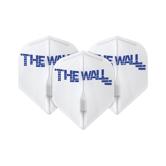 Das Bild zeigt drei weiße Dart-Flights mit der blauen Aufschrift "THE WALL". Die Flights sind das Modell L-Style Martin Schindler Weiß L1EZ.