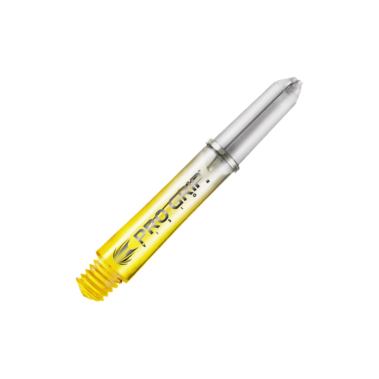 Násadky Target Pro Grip Vision - 3 sady - žluté Das Bild zeigt einen gelben Dart-Schaft mit der Aufschrift "Pro Grip Vision". Der Schaft ist durchsichtig und hat ein modernes Design.