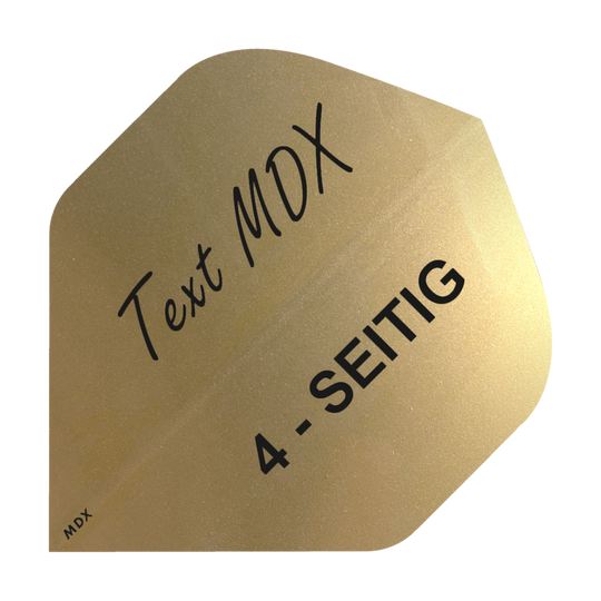 10 sad potištěných metalických letek, 4 strany - vlastní text - MDX Standard Das Bild zeigt ein goldenes Dart-Flight mit schwarzer Aufschrift. Auf dem Flight steht "Text MDX" und "4-SEITIG".