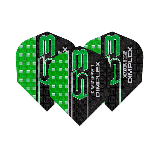 Lety Harrows Dimplex S3 - zelené Das Bild zeigt drei grüne und schwarze Dart-Flights des Modells "Harrows Dimplex S3". Auf den Flights steht der Text "Harrows Dimplex S3" in grüner und weißer Schrift.