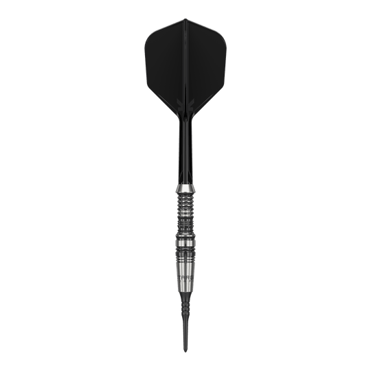 Das Bild zeigt einen Softdart der Marke 'Target Japan Black Marque Heracles' mit einem Gewicht von 18g. Der Dart hat ein elegantes Design mit schwarz-silbernem Barrel und schwarzer Spitze sowie Flight.