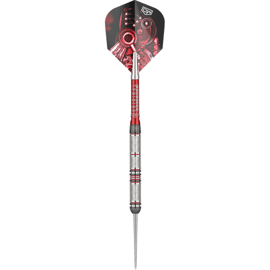 Ocelové šipky DW Piranha Razor 01 Das Bild zeigt den Steeldart "DW Piranha Razor 01". Der Dart hat ein silbernes Griffstück mit roten Akzenten und eine Flight mit mechanischem Design.