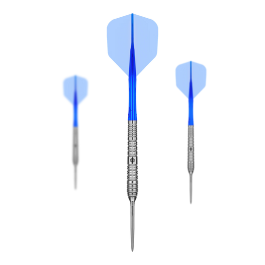 Ocelové šipky Caliburn Rix EZ-EVO R4 Das Foto zeigt die Caliburn Rix EZ-EVO R4 Steeldarts als Set. Der Fokus liegt auf dem Aussehen und der Anordnung der Darts.