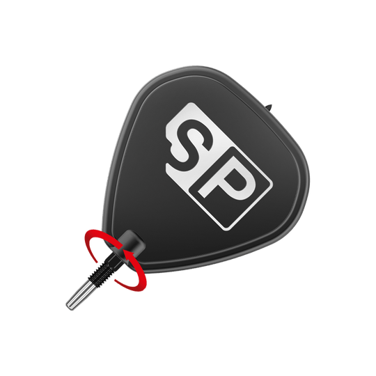 Zaměřte špičky šipek Swiss Point Black Das Bild zeigt eine schwarze Dartspitze mit der weißen Aufschrift "SP". Im unteren Bereich ist ein rotes Element zu sehen, das die Spitze hervorhebt.