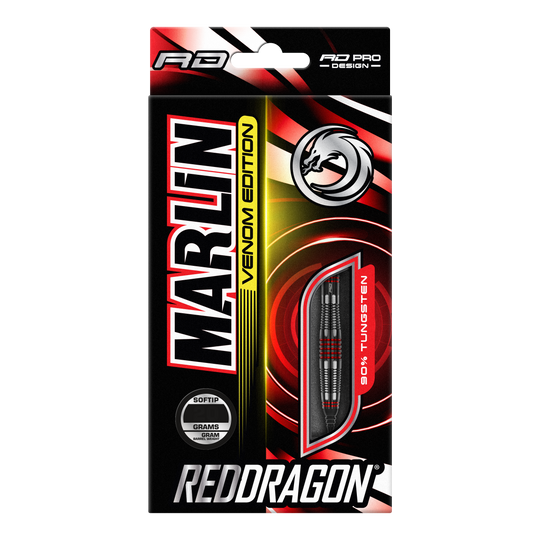 Měkké šipky Red Dragon Marlin Venom - 22g Die Abbildung zeigt die Verpackung der "Red Dragon Marlin Venom Softdarts - 22g". Die Verpackung ist schwarz-rot gestaltet und hebt die Darts mit 90% Tungsten-Anteil hervor.