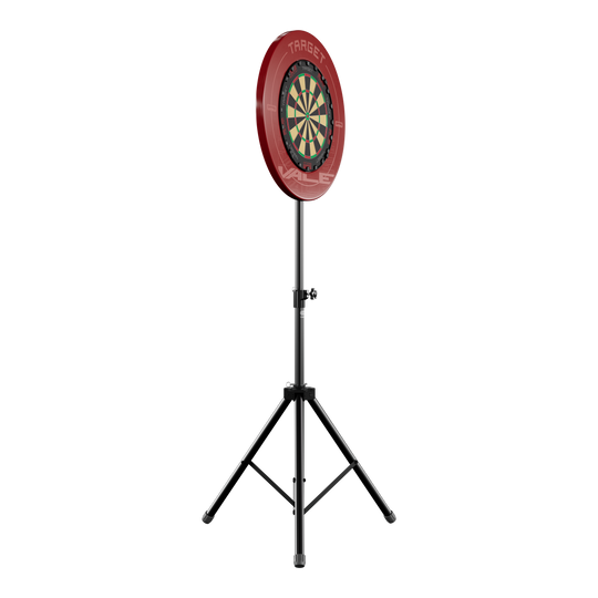 Stojan na terč Target Das Bild zeigt einen Dartboard-Ständer mit einer runden Dartscheibe und rotem Auffangring. Der Ständer hat drei stabile Beine und ist höhenverstellbar.