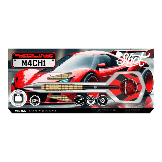 Ocelové šipky Shot Redline Mach 1 Das Bild zeigt die Verpackung der "Shot Redline Mach 1 Steeldarts" vor einem roten Sportwagen. Auf der Verpackung sind die Darts sowie verschiedene Produktsymbole und das Logo gut sichtbar abgebildet.