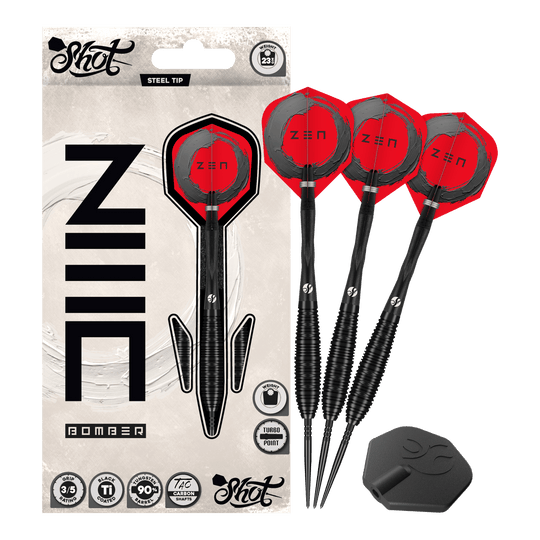 Ocelové šipky Shot ZEN Bomber Turbo Point Auf dem Foto ist das Set Shot ZEN Bomber Turbo Point Steeldarts vollständig abgebildet. Dieses Set enthält alle notwendigen Darts für das Spiel.