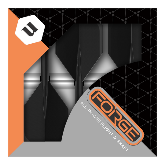 Unicorn Forge All In One Plus No2 Standard Flights Black - Medium Das Bild zeigt die Verpackung der „Unicorn Forge All In One Plus No2 Standard Flights Schwarz - Medium“. In der Packung sind schwarze Dart-Flights und -Shafts zusammen als Set zu sehen.