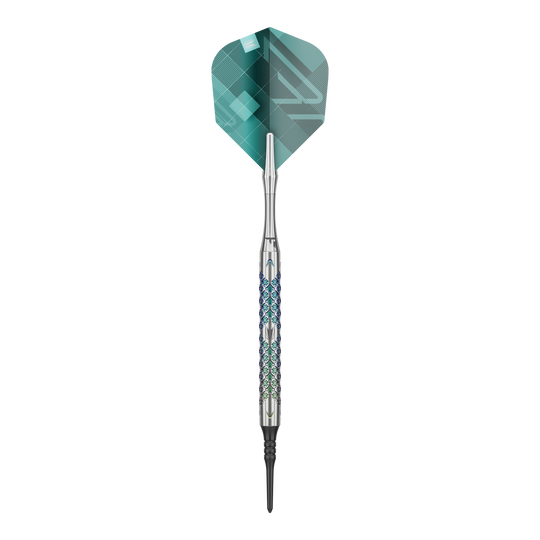 Target Rove 10 měkkých šipek Das Bild zeigt einen einzelnen Softdart der Marke Target Rove 10. Der Dart hat ein silbernes Griffstück mit farbigen Akzenten und grüne Flights.