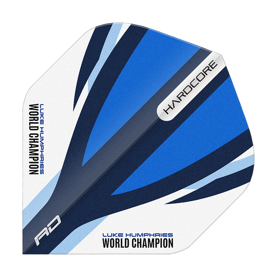 Red Dragon Hardcore Luke Humphries Modrá Bílá Standardní lety Das Bild zeigt einen Dart-Flight in den Farben Blau, Weiß und Schwarz mit dem Aufdruck "LUKE HUMPHRIES WORLD CHAMPION". Auf dem Flight stehen außerdem die Wörter "HARDCORE" und "RD".