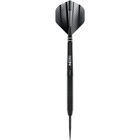 Red Dragon Razor Edge Černé ocelové šipky Das Bild zeigt einen schwarzen Steeldart mit dem Namen "Red Dragon Razor Edge". Der Dart hat ein modernes Design mit geriffeltem Griff und schwarzer Spitze.