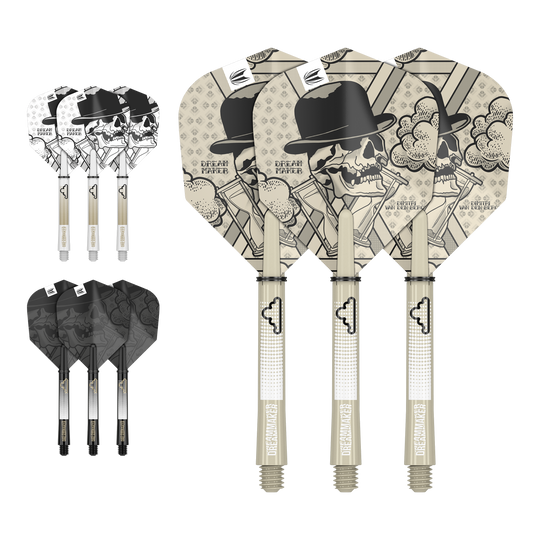 Sada pro letku Target Ink Dimitri Van Den Bergh Auf dem Bild sind drei Dartflights mit Schädel- und Hutdesign sowie der Aufschrift "Dream Maker" zu sehen. Zusätzlich gibt es zwei weitere Sätze Flights in verschiedenen Farben, jeweils mit passenden Shafts.