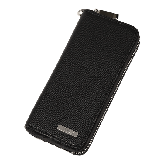 Obchodní případ Cameo Pro3 Die Abbildung zeigt ein elegantes, schwarzes Etui mit Reißverschluss. Auf der Vorderseite befindet sich eine kleine silberne Plakette mit der Aufschrift "CAMEO".
