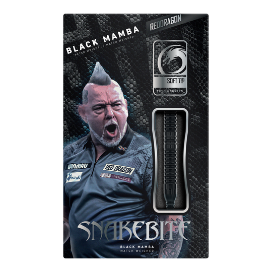 Dargestellt ist der Red Dragon Peter Wright Snakebite Black Mamba Softdart mit 20g. Dieser Softdart richtet sich an ambitionierte Spieler und besticht durch hohe Qualität.
