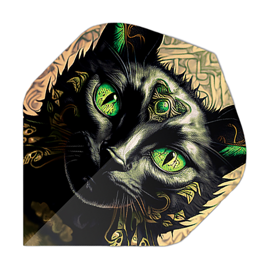 Lety v pětiboji Cat Das Bild zeigt ein Dartflight mit dem Motiv eines schwarzen Katers mit leuchtend grünen Augen. Die Details und Ornamente auf dem Katzenkopf geben dem Flight ein auffälliges, künstlerisches Design.