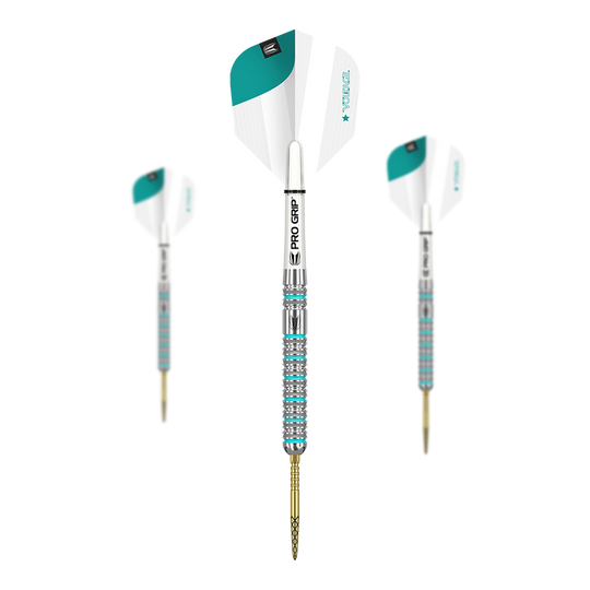 Ocelové šipky Target Rob Cross GEN2 Swiss Point Das Bild zeigt drei Target Rob Cross GEN2 Swiss Point Steeldarts. Die Darts haben silberne und türkisfarbene Details sowie weiße Flights mit PRO GRIP Schäften.