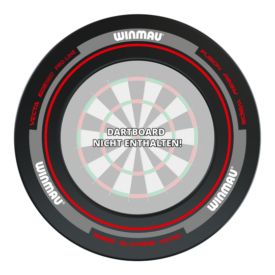 Das Bild zeigt das Produkt "Winmau Advance Dartboard Surround" in Schwarz und Rot. In der Mitte steht der Hinweis: "Dartboard nicht enthalten!"