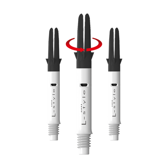 L-L-Style-Shaft Carbon Silent Straight - Bílá Auf dem Bild sind drei weiße L-Style Dartschäfte mit schwarzem oberen Teil zu sehen. In der Mitte zeigt ein roter Pfeil, dass sich der obere Teil des Schafts drehen kann.