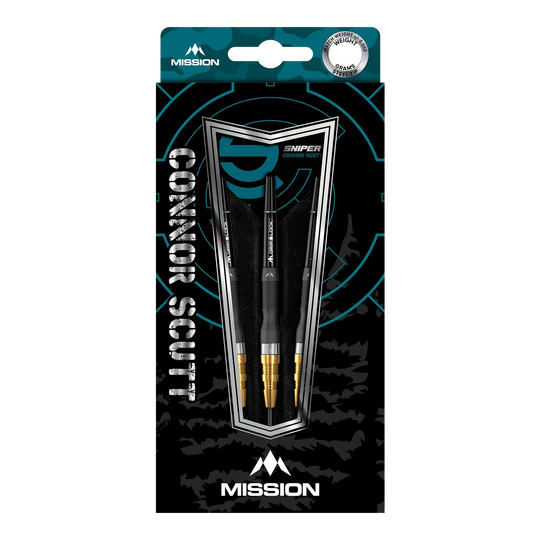 Die Abbildung zeigt eine Packung mit Mission Connor Scutt Sniper Black Gold Steeldarts. In der Verpackung sind drei schwarze Darts mit goldenen Spitzen zu sehen.