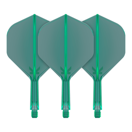 Standardní letový systém Target K-Flex No2 - zelený In der Aufnahme werden Dart-Flights mit klarer Linienführung gezeigt. Zwei Flights sind im Bild nebeneinander positioniert.