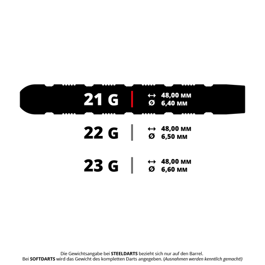 Šipky Target Rob Cross 95K Swiss Point Steel Das Bild zeigt drei Steeldarts mit unterschiedlichen Gewichten: 21 g, 22 g und 23 g. Die Länge beträgt jeweils 48,00 mm, während der Durchmesser je nach Gewicht zwischen 6,40 mm und 6,60 mm variiert.