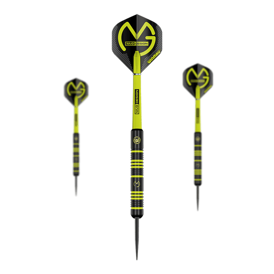 Winmau Michael Van Gerwen MvG Ambition Steeldarts Das Bild zeigt drei Winmau Michael Van Gerwen MvG Ambition Steeldarts. Die Darts sind schwarz und neongelb mit dem MvG-Logo auf den Flights.