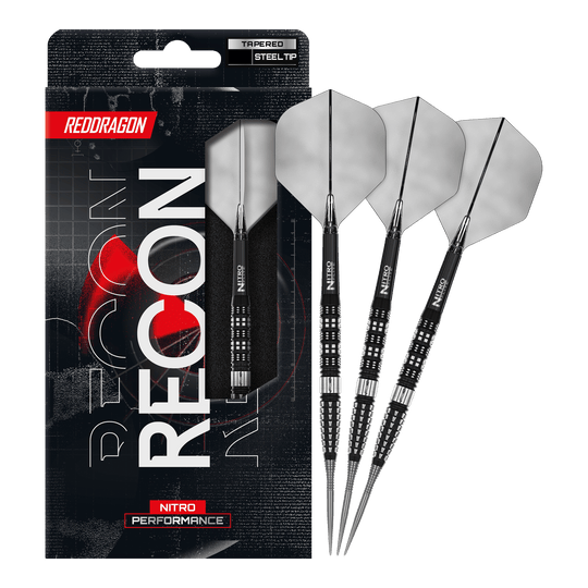 Šipky Red Dragon Recon Tapered Steel Red Dragon Recon Tapered Steeldarts. Das vollständige Set der Steeldarts wird auf dem Bild präsentiert.
