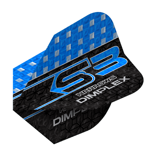 Letky Harrows Dimplex S3 - modré Das Bild zeigt ein Harrows Dimplex S3 Flight in Blau. Das Flight hat ein blau-schwarzes Design mit silbernen Akzenten und der Aufschrift "S3 Harrows Dimplex".