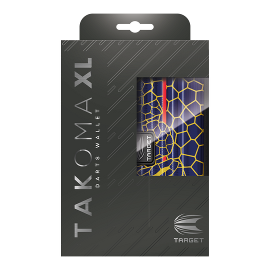 Pouzdro na šipky Target Takoma Josh Rock XL Das Bild zeigt die Verpackung des Produkts "Target Takoma Josh Rock XL Dartcase". Das Dartcase ist teilweise durch ein Fenster in der Verpackung sichtbar und hat ein buntes, grafisches Design.
